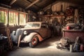 old garage with vintage car and tool bench, ready for a new owner