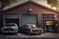 an old garage with vintage cars, including a classic ford mustang and a muscle car.