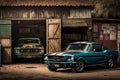 An Old Garage With Vintage Cars, Including A Classic Ford Mustang And A Muscle Car.