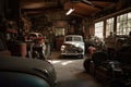 old garage with vintage cars, tools, and memorabilia