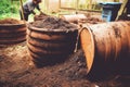 Old garden compost bin for organic material. Generative AI Royalty Free Stock Photo