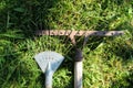 Old garden tools. dirty rusty rake and fan rake