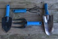 Old garden tools on an old wooden table close-up. Royalty Free Stock Photo