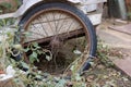 Old garden wheelbarrow wheel. Rusted metal. Spoked wheel