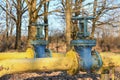 Old gas pipes with large overlapping taps are laid underground in the yard Royalty Free Stock Photo