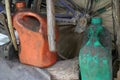Old Gasoline Cans Placed On Workshop Outdoors, Dirty Looking Fuel Containers That Stores Oil