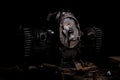 Old gasoline engine from a motorcycle on a black background Royalty Free Stock Photo