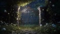 old gate with ivy mysterious old forest dark sky. Vintage iron gates at castle Royalty Free Stock Photo