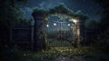 old gate with ivy mysterious old forest dark sky. Vintage iron gates at castle