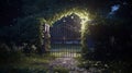 old gate with ivy mysterious old forest dark sky. Vintage iron gates at castle