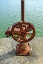 Old gear and rusted cogwheel mechanism, cog gear wheel for water