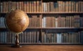 Old geographic globe in the cabinet against the background of bookselfs.Science, education, travel, vintage background. History