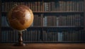 Old geographic globe in the cabinet against the background of bookselfs.Science, education, travel, vintage background. History