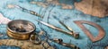 An old geographic map with navigational tools: compass, divider, ruler, protractor. View of the workplace of ship`s captain.