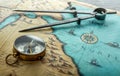 An old geographic map with navigational tools: compass, divider. Travel, geography, navigation, tourism and exploration concept Royalty Free Stock Photo