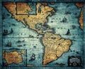 Old geographic map of South and North America. Concept on the theme of travel, adventure, geography, discovery, history. Pirate Royalty Free Stock Photo