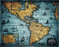 Old geographic map of South and North America. Concept on the theme of travel, adventure, geography, discovery, history. Pirate Royalty Free Stock Photo