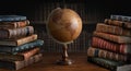 Old geographical globe and old book in cabinet with bookselfs. Science, education, travel background. History and geography team.