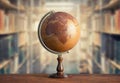 Old geographical globe and old book in cabinet with bookselfs. Science, education, travel background. History and geography team. Royalty Free Stock Photo