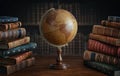 Old geographical globe and old book in cabinet with bookselfs. Science, education, travel background. History and geography team.