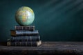 Old geographical globe and old book in cabinet with bookselfs. Science, education, travel background. History and geography team.