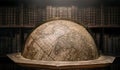 Old geographical globe in cabinet with bookselfs. Science, education, travel, vintage background. History and geography team.