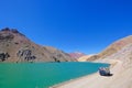 Old german campervan along the Laguna Agua Negra lake to the Paso Agua De Negra, Elqui valley near Vicuna, Chile Royalty Free Stock Photo