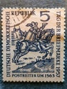 old German stamp circa 1957 with the image of a Postman on horse, Royalty Free Stock Photo