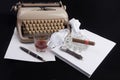 Old german type writer with paper, cigare, vintage watch and fountain pen Royalty Free Stock Photo