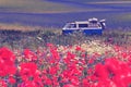 Old german vintage campervan cruising trough beautiful poppy field, Nashville retro vintage photo filter effect, warm Royalty Free Stock Photo