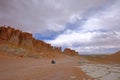 Old german vintage campervan at stone formation Pacana Monks, Monjes De La Pacana, The Indian Stone, near Salar De Tara