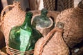 Old glass bottle basket covered with old dust