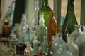 Old glass bottles and bottles close-up. Royalty Free Stock Photo