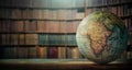 An old globe with Africa on the table against the background of bookcases. Concept on the topic of history, science, culture,