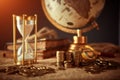 Old globe, coins, magnifying glass, keys to chests, rope, pirate map and marine logbook. Travel and marine prints background. The Royalty Free Stock Photo