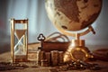 Old globe, coins, magnifying glass, keys to chests, rope, pirate map and marine logbook. Travel and marine prints background. The Royalty Free Stock Photo