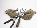 Old gloves, clippers and a red rose on a white background