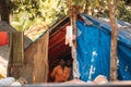 Old Goa, India. Unemployed people live in tents on the street. Migrants from other Indian states travel to Goa for rough