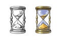 Old gold hourglass. Time concept. Ancient appliance for time measurement. Black and white and color variants. Vector