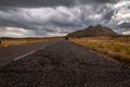 The old Gold`s Road at highest point in San Luis, Argentina, which climbs steppe mountains while a heavy storm is coming