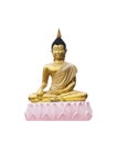 Old gold sitting Buddha image statue on pink lotus stucco in thai temple isolated on white background , clipping path Royalty Free Stock Photo