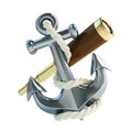 Old gold spyglass and anchor on a white background 3D illustration, 3D rendering
