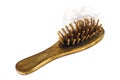 Old golden comb with hairs on the white background