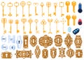 Old golden lock keys isolated vector illustrations set. Safety privacy secure keys, security door keyhole icons set.