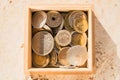 Pile of gold and silber coins in wood box on the natural background Royalty Free Stock Photo