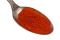 In the old golden spoon there is a small pile of food - ground hot chili pepper spice isolated macro Royalty Free Stock Photo