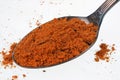 In the old golden spoon there is a small pile of food - red  hot  pepper spice  macro Royalty Free Stock Photo