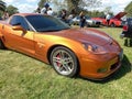 Old golden sport Chevrolet Corvette Z06 coupe 2006. Nature grass and trees. Classic muscle car.