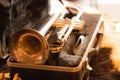Old Golden Trumpet In A Black Fur Case Close up Beautiful Vintage Saxophone Instrument In Box Royalty Free Stock Photo