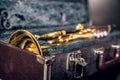 Old golden trumpet in a black fur case close-up. Beautiful vintage shiny brass jazz musical instrument Royalty Free Stock Photo